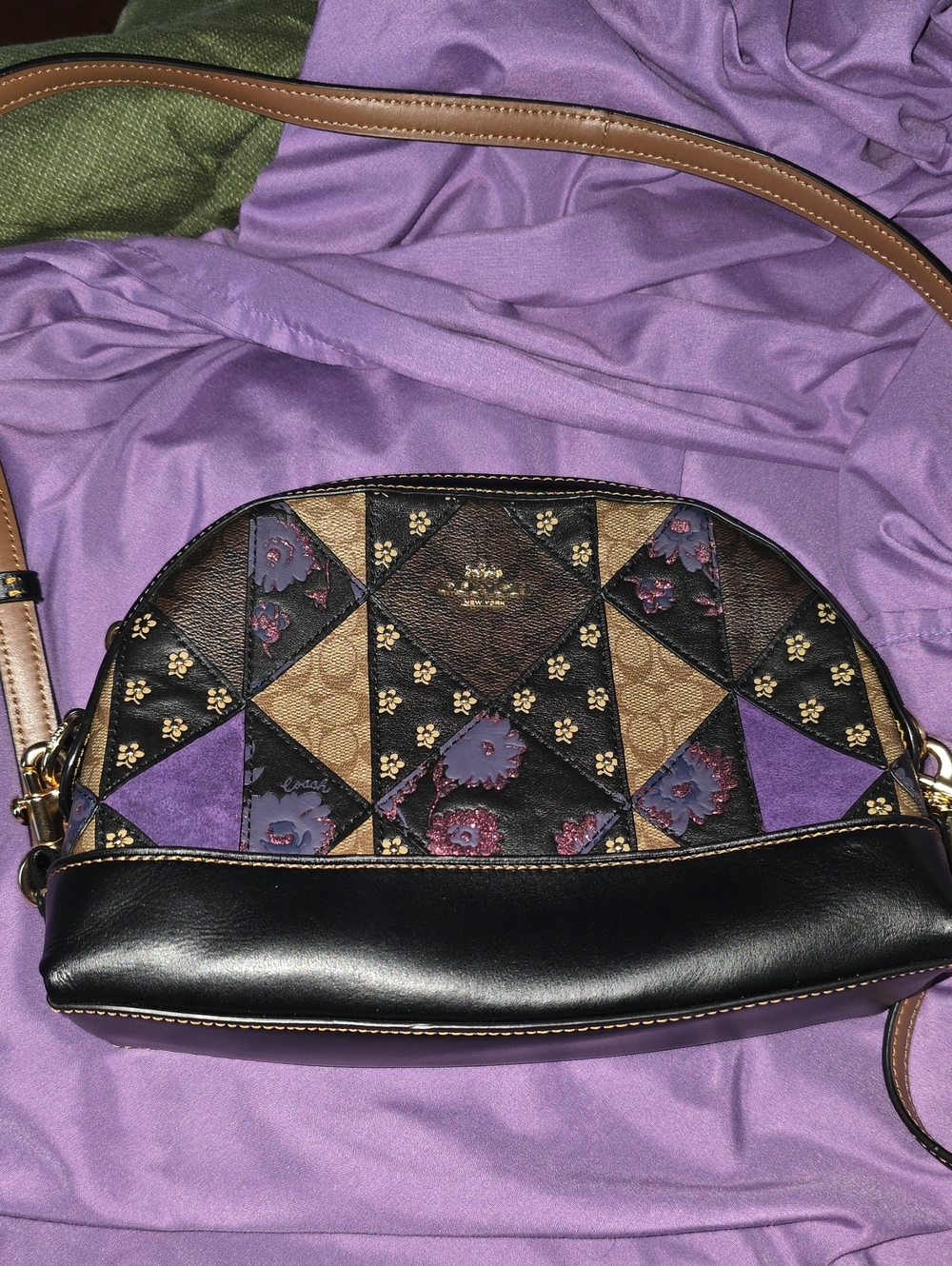 Women's Coach Patchwork Floral Dome Crossbody - Black, Brown & Purple